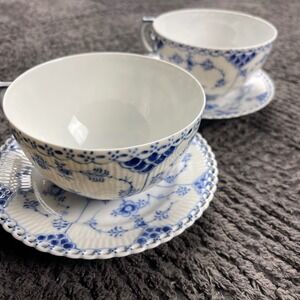 Royal Copenhagen Blue Fluted Full Lace Soup Cups w/ Saucers Set of 2 Denmark